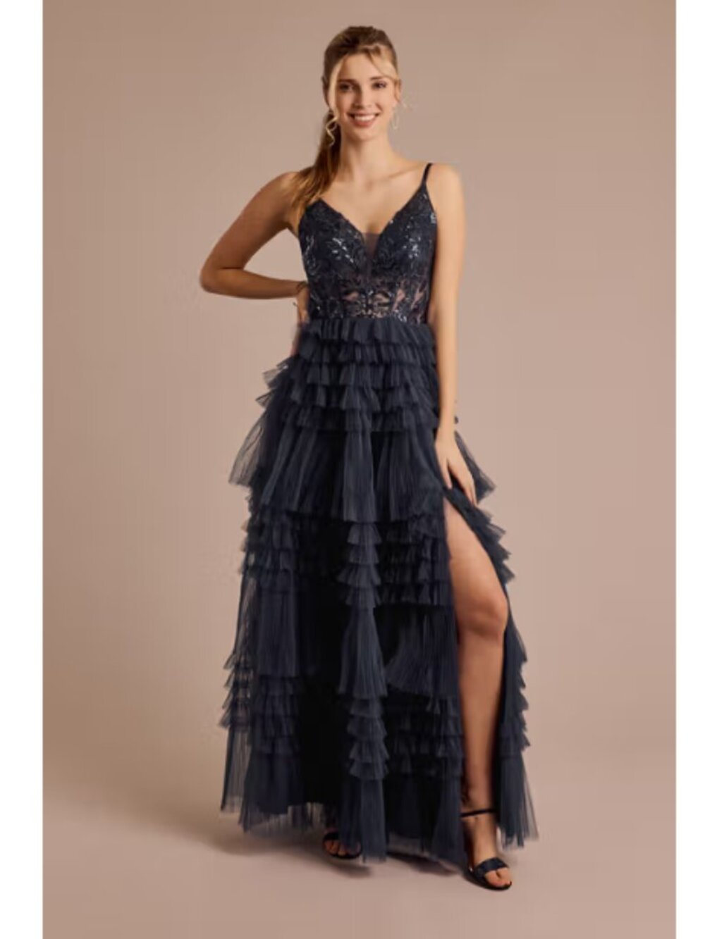 Size 6 NWT Jules & Cleo David’s Bridal Navy Sequin Ruffle Tulle Gown